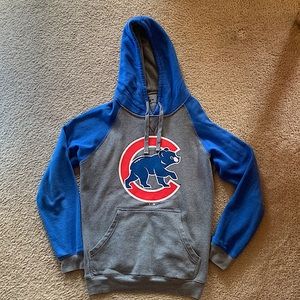 Grey Chicago Cubs fleece hoodie with blue sleeves and hood